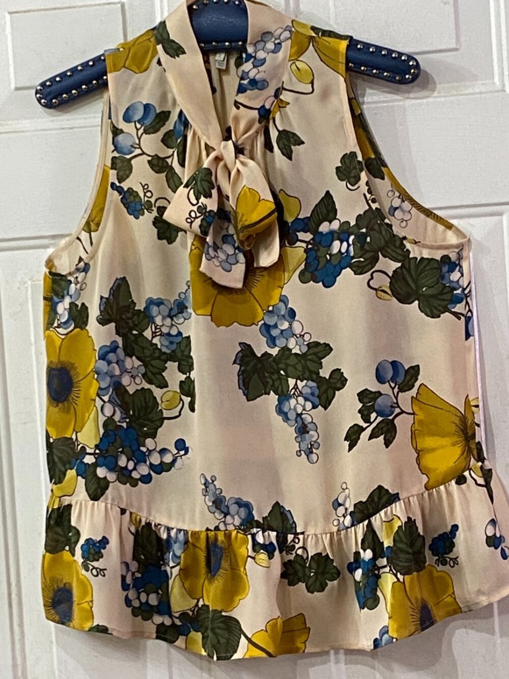 Joie Silk Sz L Blouse Sleeveless Tie Neck Ruffle Bottom Fruits/Floral Pattern